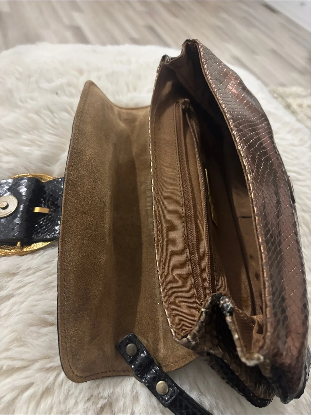 Doncaster Embossed Snakeskin Leather Clutch Bronze Gold‎ Rhinestone Snake